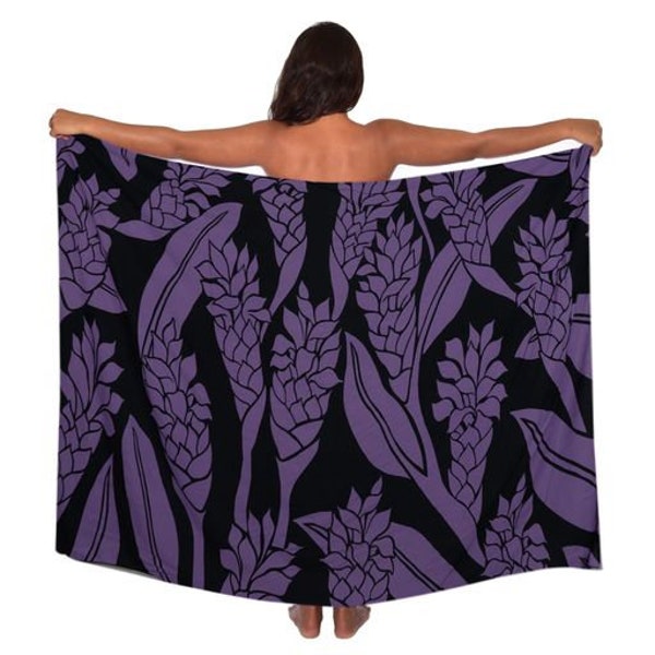 Buy 5, Get one FREE!! Lightweight DewBerry Purple/Black Ginger Flower Hawaiian Print Pareo (Sarong) Cover up  100% Rayon