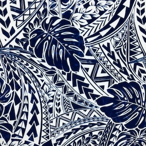 Monstera Leaf Tribal Hawaiian Print Fabric in Navy Blue Sold by the Yard Poly Cotton