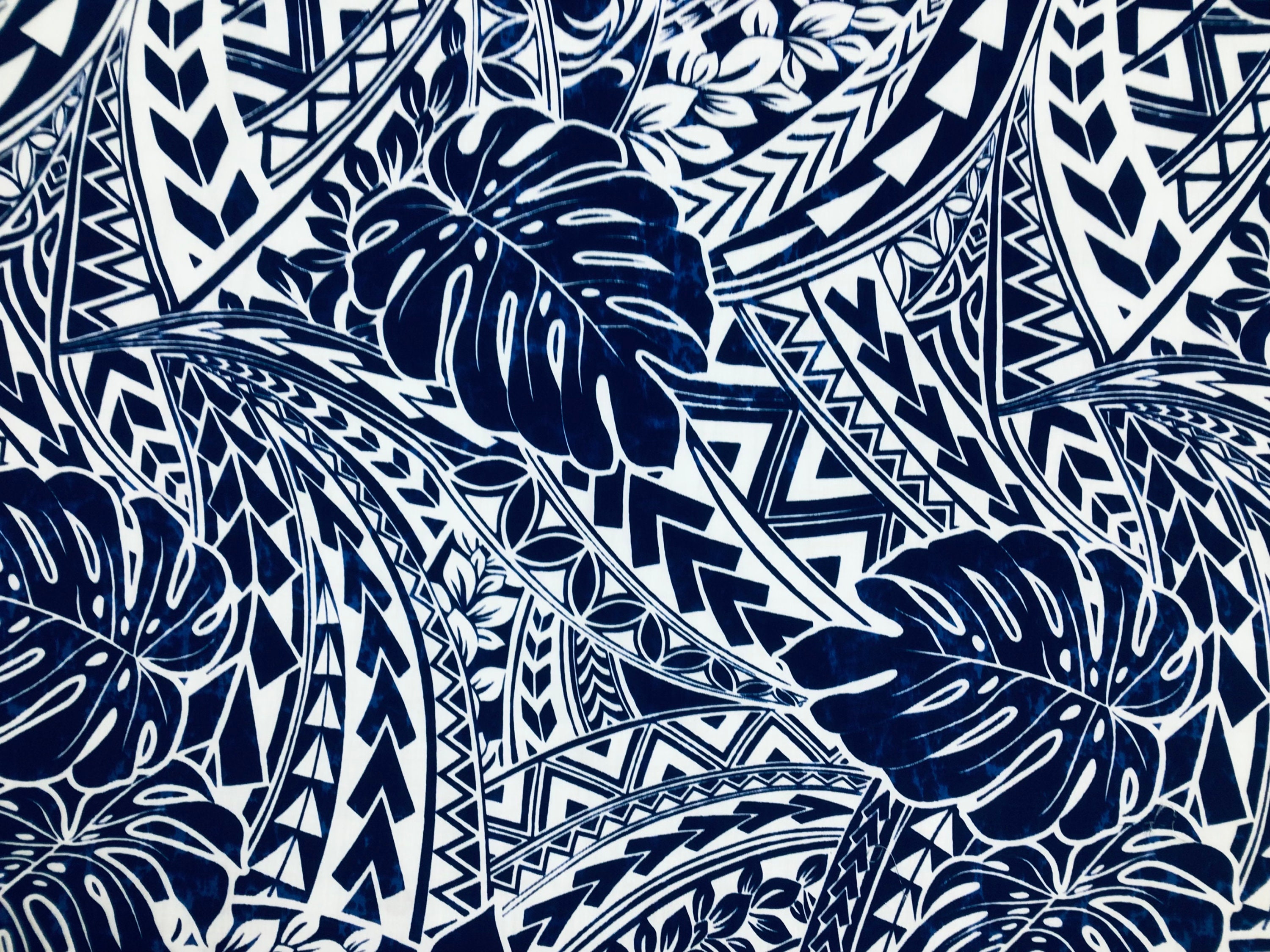 Monstera Leaf Tribal Hawaiian Print Fabric in Navy Blue Sold by