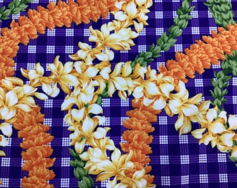 Beautiful Flower Leis on Printed Purple Palaka Hawaiian Print 100% Cotton Fabric Sold by the Yard