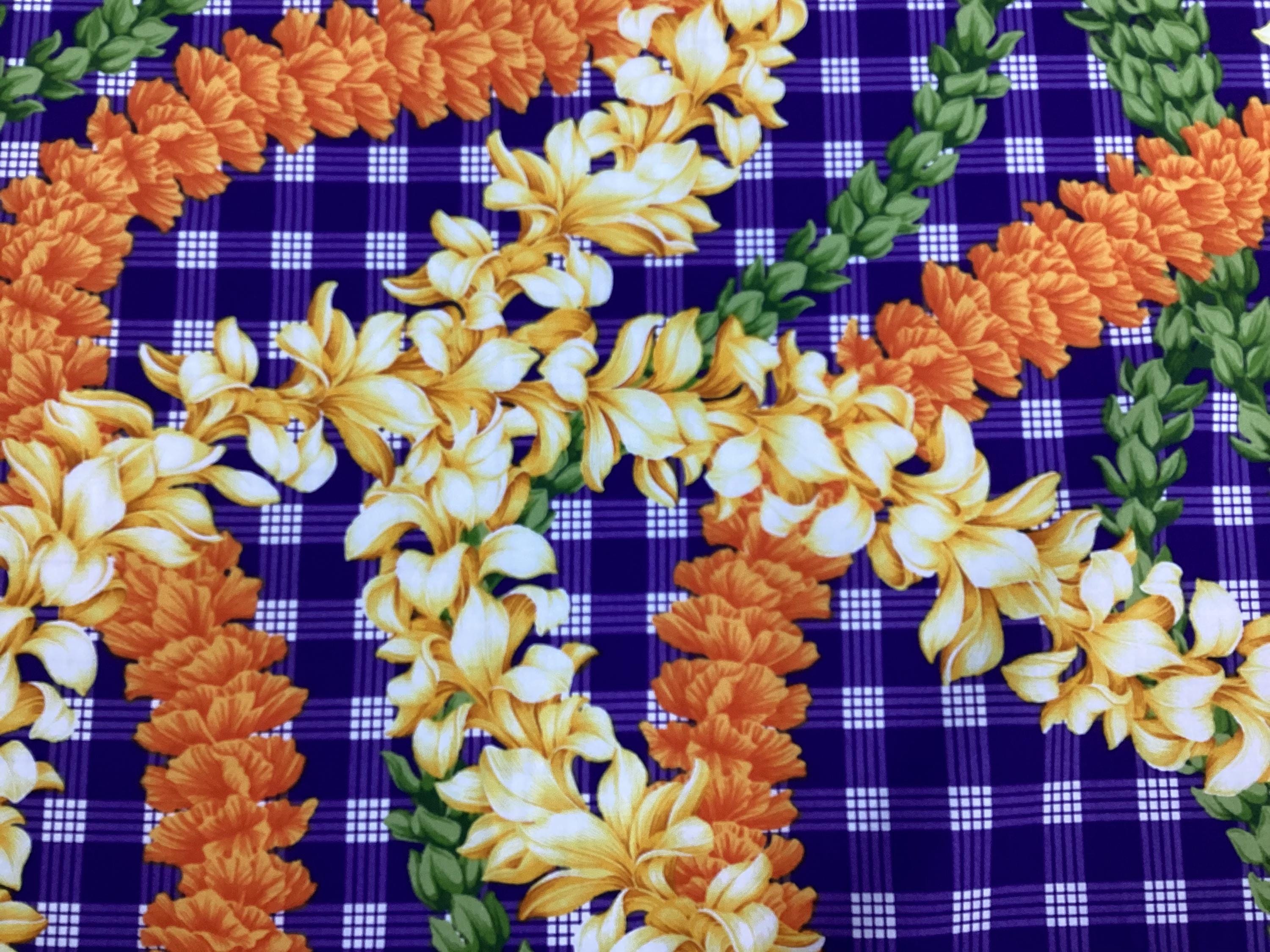 Beautiful Flower Leis on Printed Purple Palaka Hawaiian Print 100