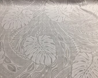 White on White #2 Tribal with Monstera Leaves Hawaiian Print Fabric Poly Cotton Blend Sold by the Yard