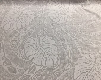 May include: White fabric with a repeating pattern of gray leaves and geometric designs. The leaves are stylized and resemble monstera leaves.