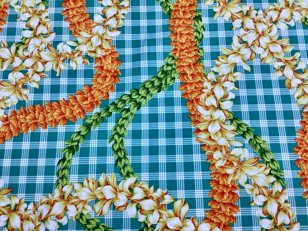 Beautiful Flower Leis on Printed Green Palaka Hawaiian Print 100