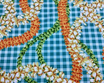 Beautiful Flower Leis on Printed Green Palaka Hawaiian Print 100% Cotton Fabric Sold by the Yard
