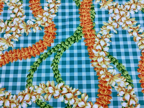 Beautiful Flower Leis on Printed Green Palaka Hawaiian Print 100