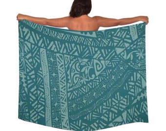 Buy 5, get one FREE!  Lightweight Tiare Tappa in Light Teal/Dark Teal Design  Pareo (sarong) Lava lava 100% Rayon Cover up