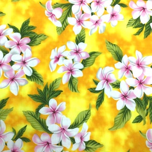 REMNANT!  33&quot; Yellow Plumeria Hawaiian Print Fabric 100% Cotton Sold by the yard
