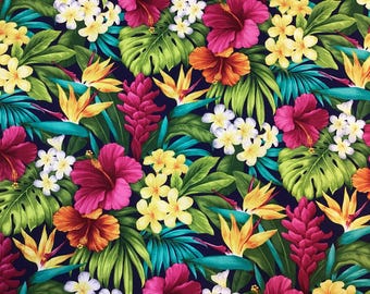 May include: A vibrant floral pattern featuring a variety of tropical flowers and foliage. The design includes large pink hibiscus, orange and yellow flowers, and green leaves against a dark blue background. The pattern is suitable for fabric or wallpaper.