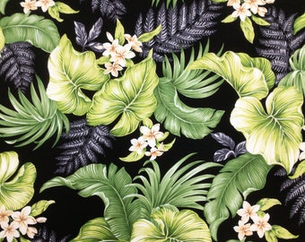 Tropical Hawaiian Print Fabric on Black Background 100% Cotton Sold by the Yard