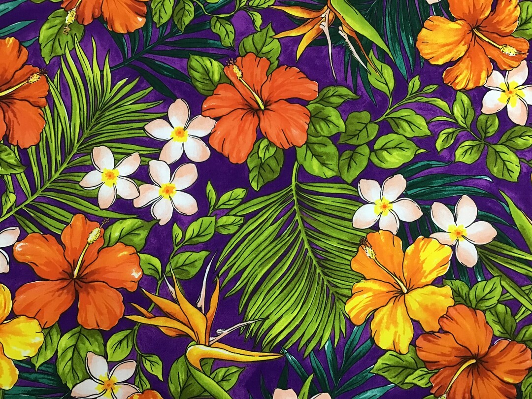Tropical Hawaiian Print Fabric in Purple Background 100 Cotton Etsy