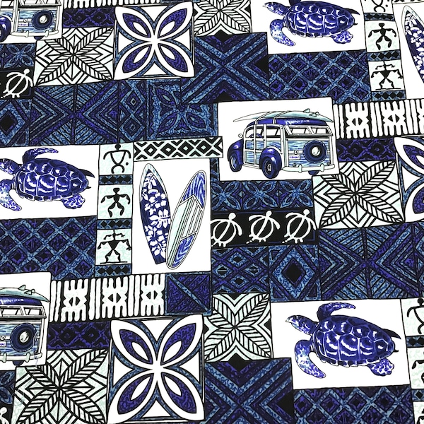 Blue Classic Hawaiian Print Fabric Poly Cotton Blend sold by the yard   (Yardage Available)