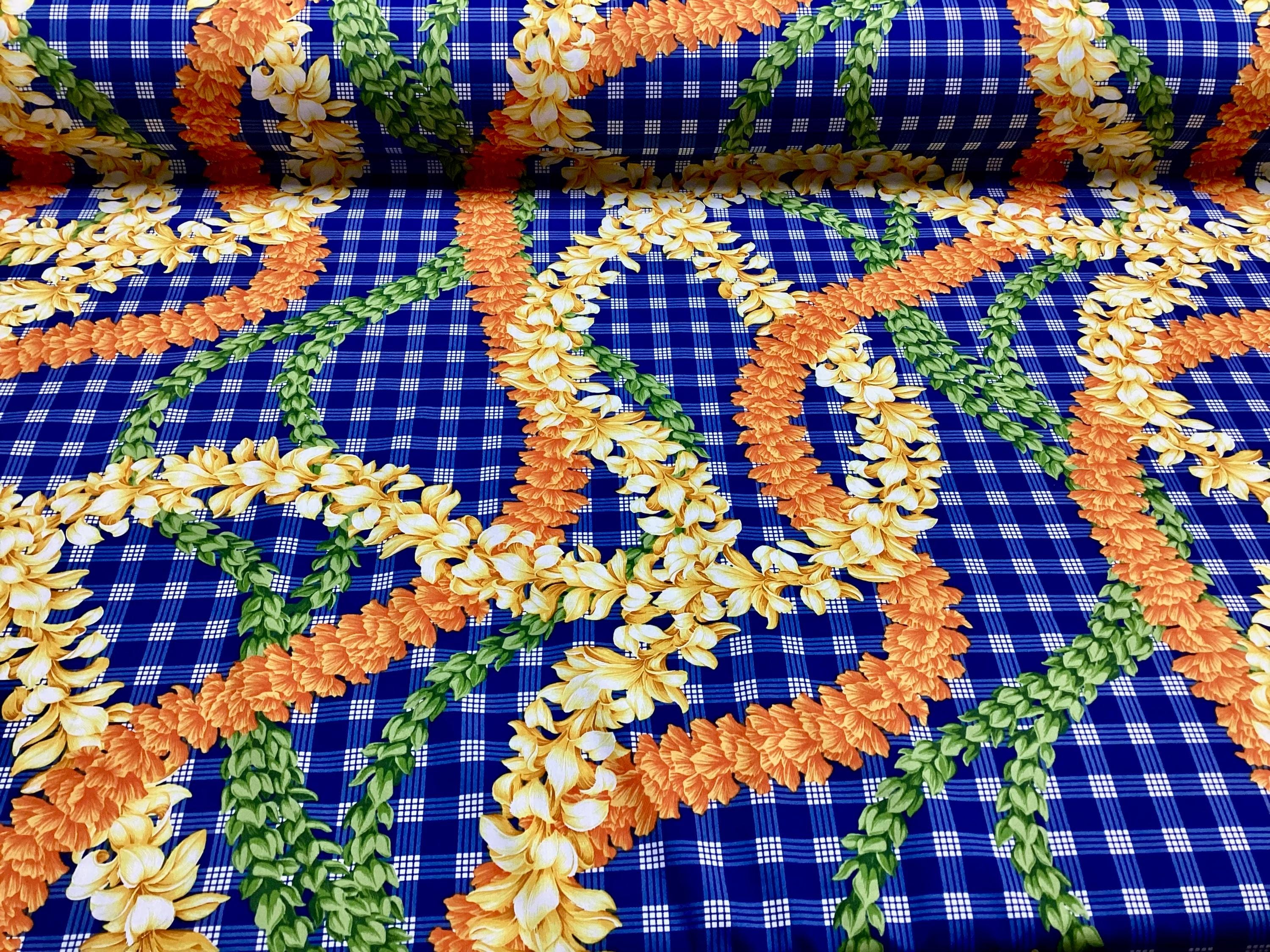 Beautiful Flower Leis on Printed Blue Palaka Hawaiian Print 100