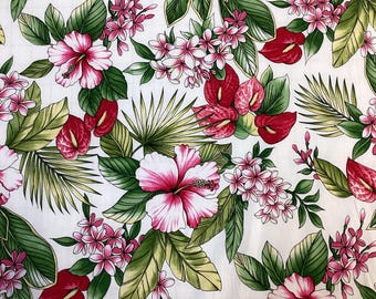 May include: White fabric with a tropical floral pattern. The design features large pink and white hibiscus flowers, red anthuriums, and clusters of small pink flowers, with green leaves and palm fronds.