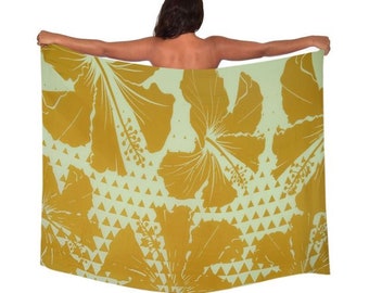 Lightweight Yellow Hibiscus Flower Triangle  Design Pareo (sarong) Lava lava Beach Cover up 100% Rayon