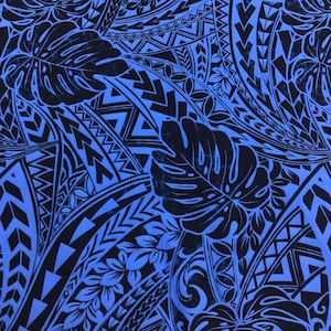 Monstera Leaf Tribal Hawaiian Print Fabric in Blue/ Black Sold by the Yard Poly Cotton