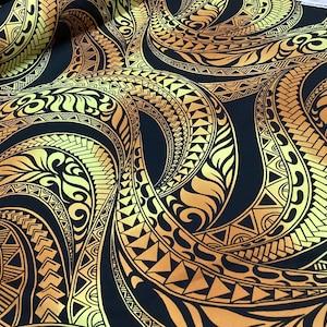 Swirly Tribal in Gold Background Hawaiian Print Fabric in 100% Cotton sold by the yard   (Yardage Available)