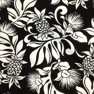 Black/White Lehua Blossom Hawaiian Print Cotton Fabric (Yardage Available)