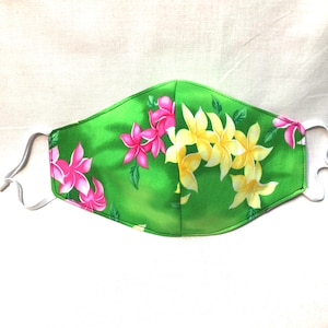 Green Plumeria Hawaiian Print Face Mask Adjustable reversible
