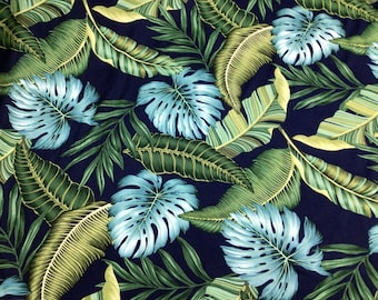 Premium Rayon 60" Wide Hawaiian Print in Navy Blue Background Sold by the Yard