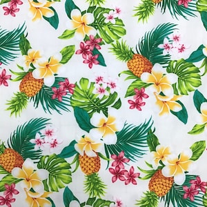White Tropical Pineapple Hawaiian Print in Cotton  (Yardage Available)
