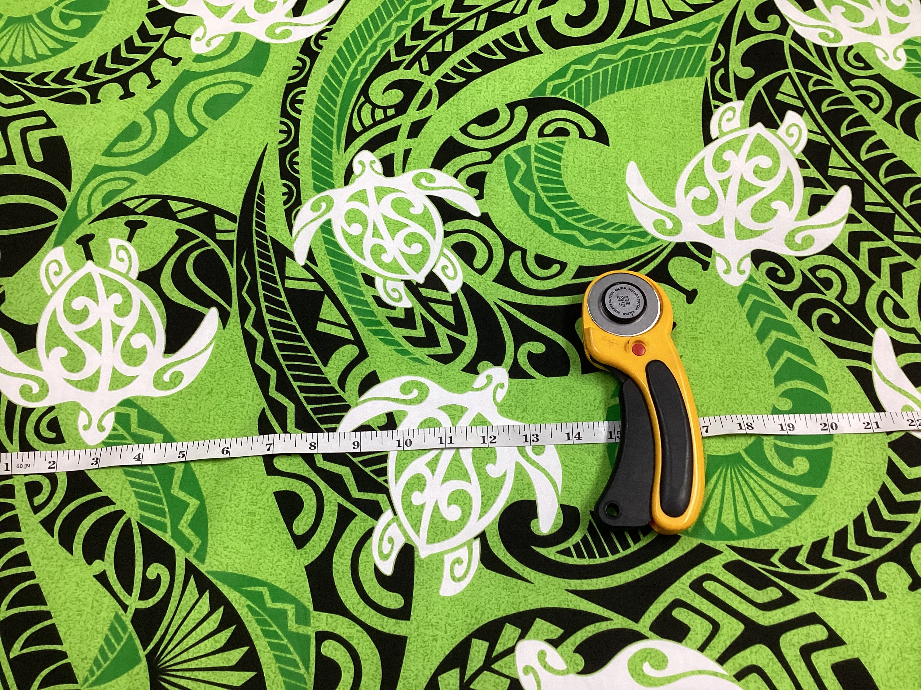 Green Tribal With Honu (turtle) Hawaiian Print Poly Cotton Fabric