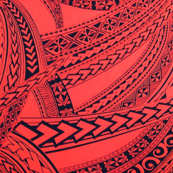 Tessuto rosso e nero con stampa tribale hawaiana in 100% cotone