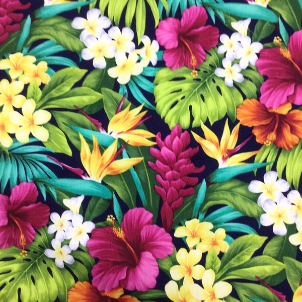 Tropical Paradise in Navy Blue Background 100 % Cotton Hawaiian Print Fabric Sold by the Yard