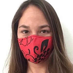 Red & Black Hawaiian Print Face Mask Reversible Triple lined