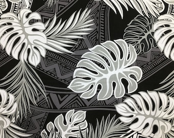 VERKOOP! Zwarte Monstera Tribal Hawaiiaanse print in polykatoen (werf beschikbaar)