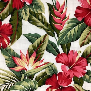 Hibiscus Bird of Paradise and Heliconia Tropical Hawaiian Print Fabric in White Background Sold by the Yard 100% Cotton