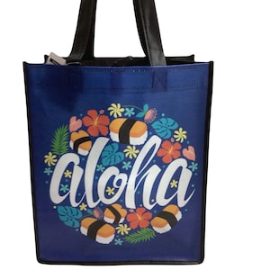 Large Hawaiian Print Shopping Bag Reusable Navy Blue