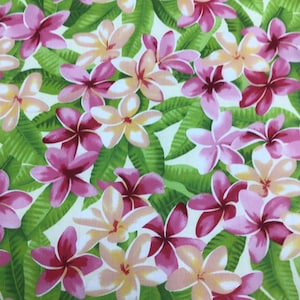 Plumeria Hawaiian Print In White Cotton  Fabric