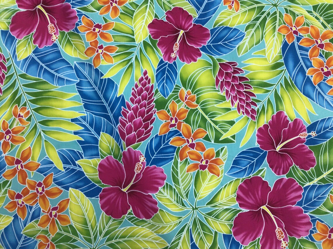 Blue Tropical Hawaiian Print Fabric 100 Cotton Sold by the Etsy