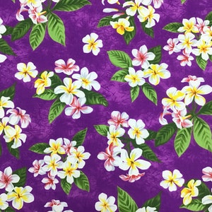 Purple Plumeria Tropical Hawaiian Print Fabric 100% Cotton Sold by the Yard