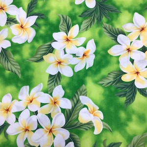 Lime Green Plumeria Hawaiian Print Fabric sold by the yard in 100% Cotton