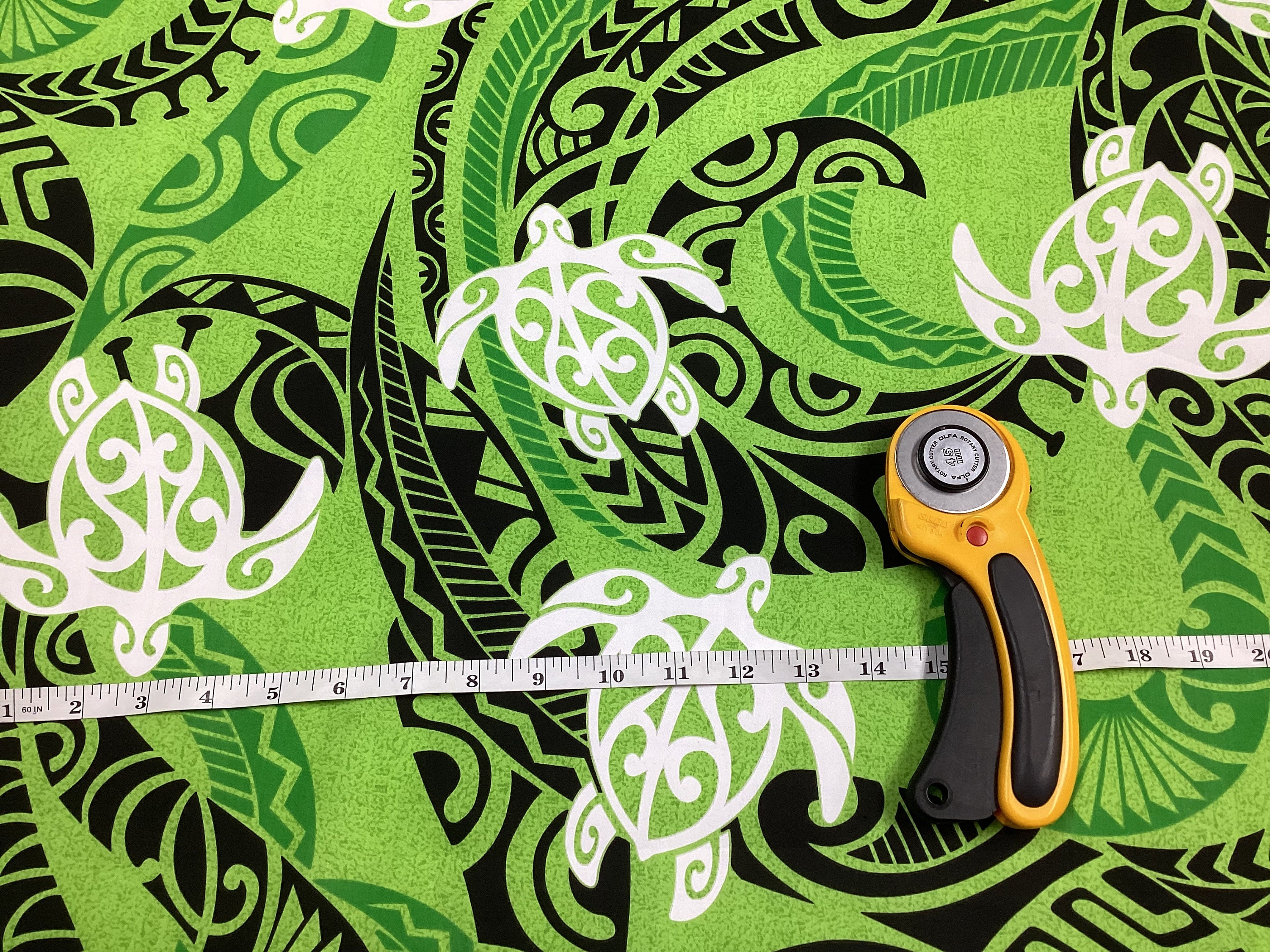 Green Tribal With Honu (turtle) Hawaiian Print Poly Cotton Fabric