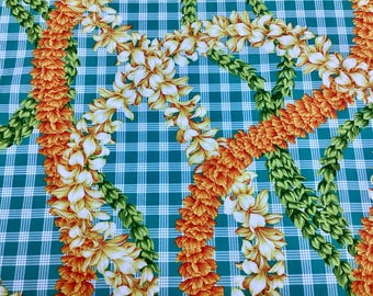 Beautiful Flower Leis on Printed Green Palaka Hawaiian Print 100