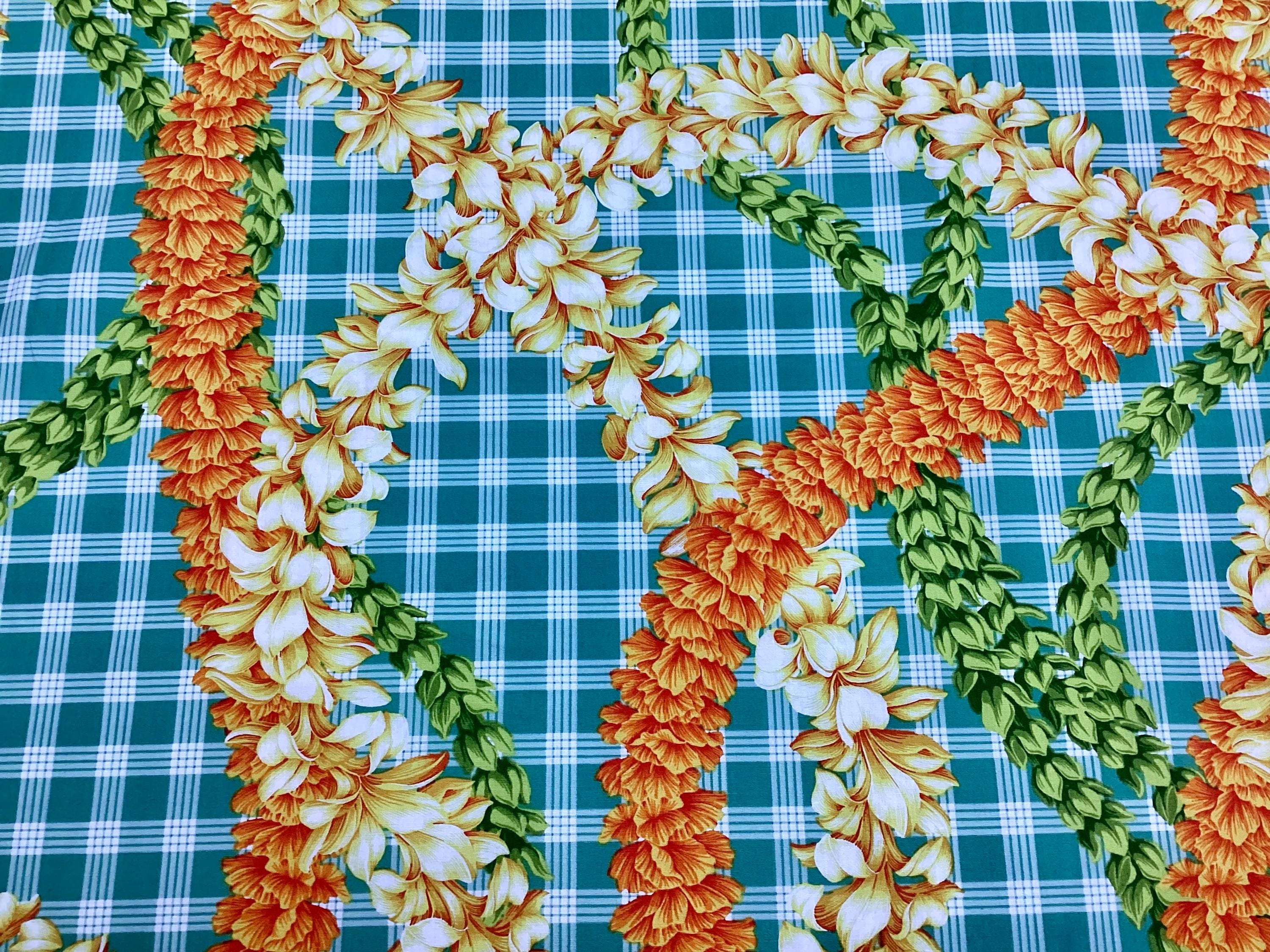 Beautiful Flower Leis on Printed Green Palaka Hawaiian Print 100