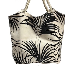 Large Hawaiian Print Canvas  Tote Bag with Rope Handles Black Palm