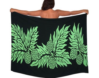 Buy 5, get one FREE! Lightweight Breadfruit #2 Patina Green on Black Design Rayon Lava lava Pareo Sarong Beach Cover Up