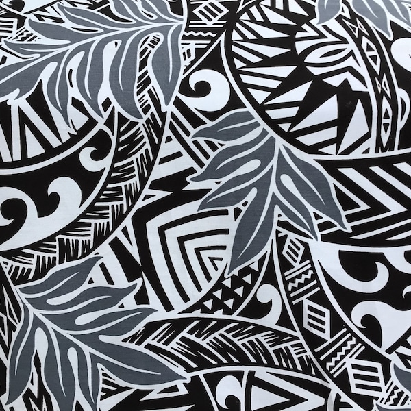 Gray Lauae Leaves on Black and White Tribal Hawaiian Print 100% Cotton Fabric Sold by the Yard