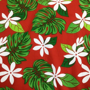 Tropical Tiare Flower Hawaiian Print Poly Cotton Fabric on Red Background Sold by the Yard