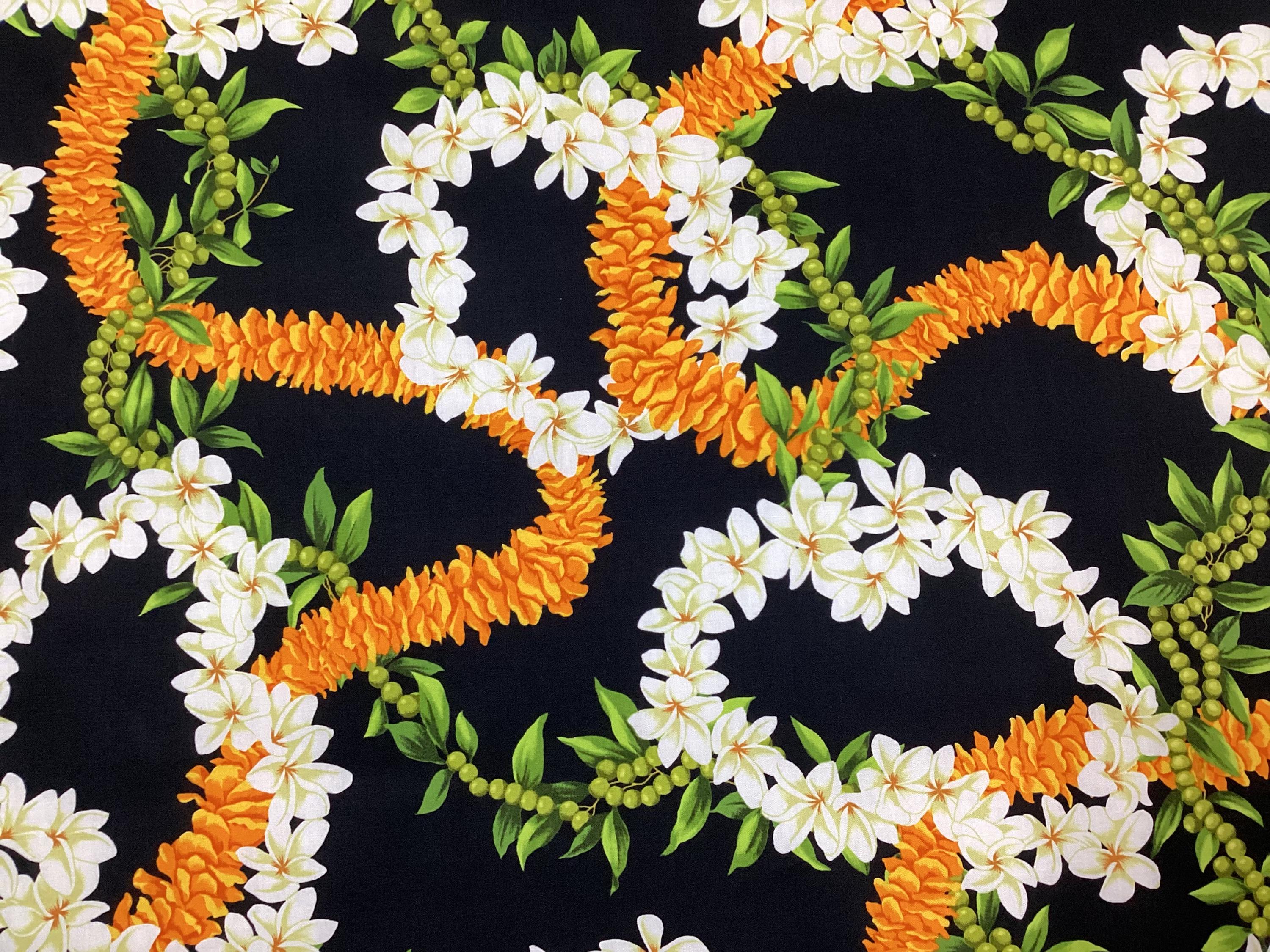 Plumeria, Mokihana With Maile and Ilima Leis Hawaiian Print Cotton