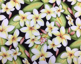 Plumeria Flower in Black Background 100 % Cotton Hawaiian Print  Fabric Sold by the Yard