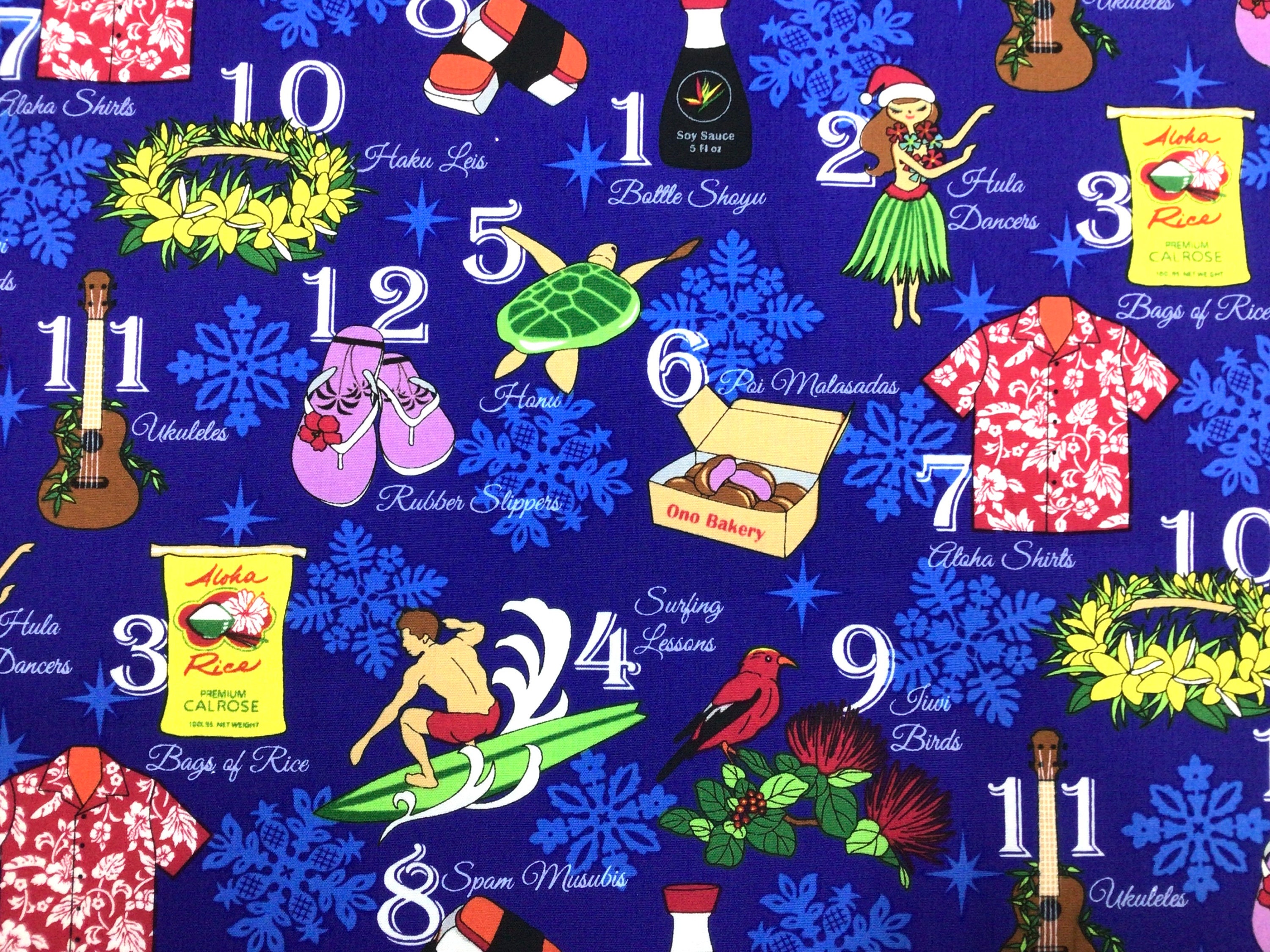 12 Days of Christmas 100% Cotton Hawaiian Print Fabric Sold by the 