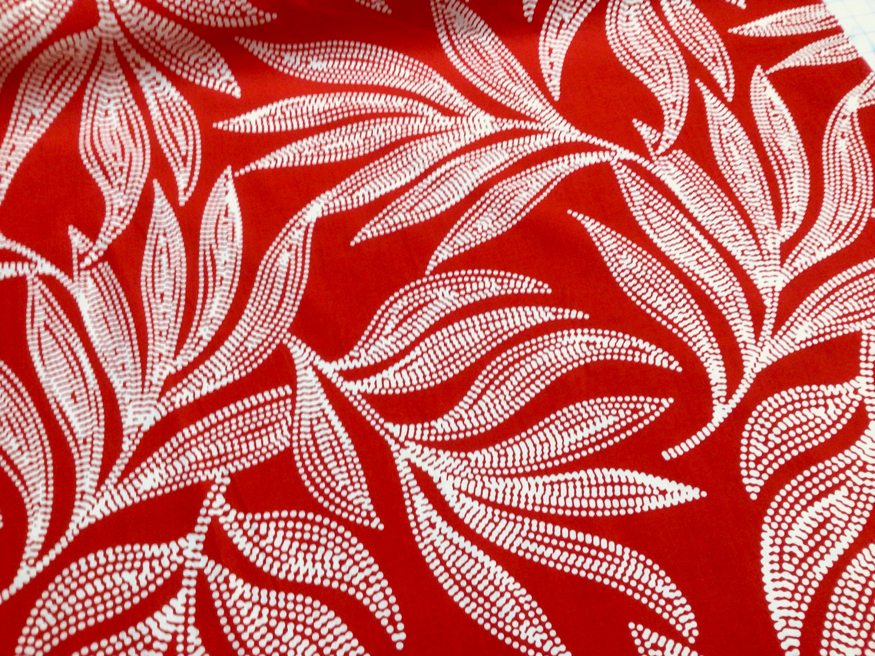 Tropical Leaf Hawaiian Print Poly Cotton Fabric on Red Background Sold by the Yard