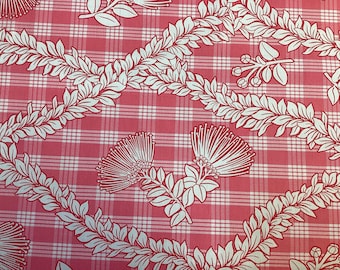 Coral Palaka with Tropical Leis and Lehua Blossoms Hawaiian Print Fabric 100% Cotton Sold by the Yard