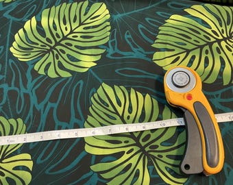 Premium Rayon 60" Wide Monstera Leaf Design Hawaiian Print in Black Background Sold by the Yard