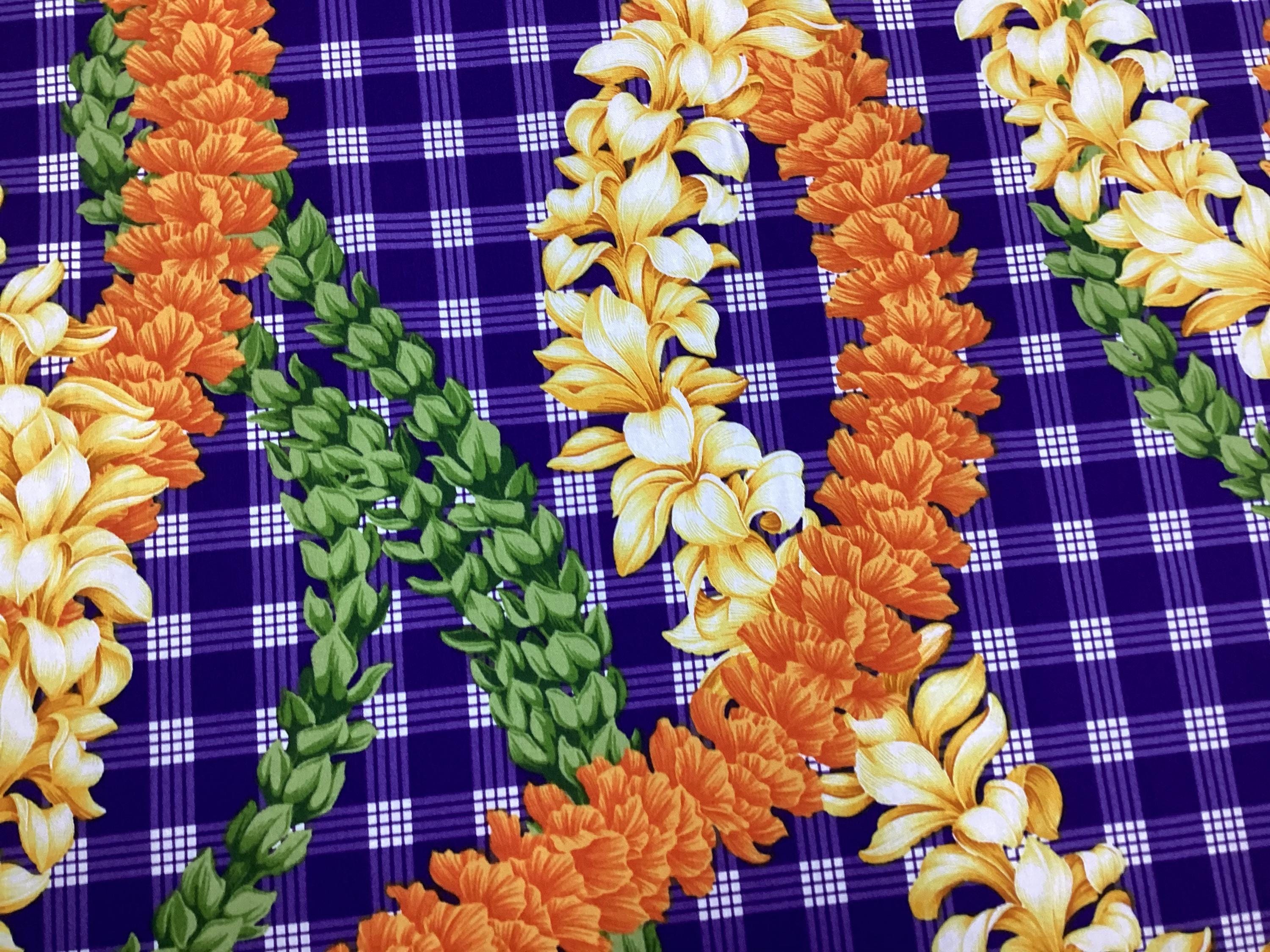 Beautiful Flower Leis on Printed Purple Palaka Hawaiian Print 100